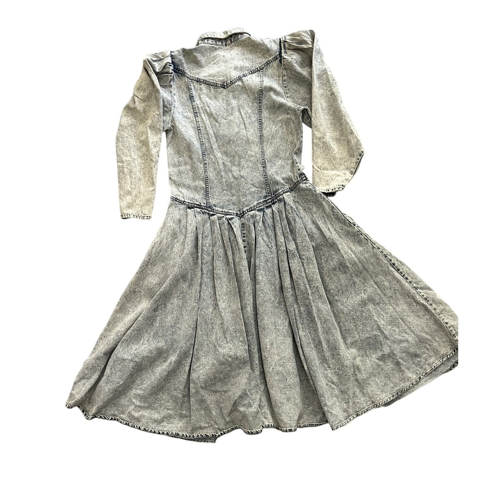 Vintage Desperado Acid Wash Denim‎ Dress 80s Western Puff Sleeve Midi Blue Sz 11
